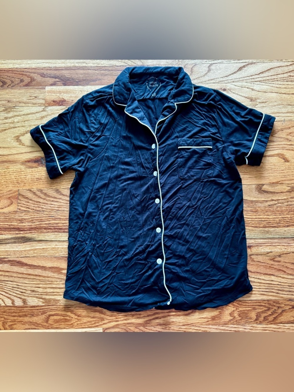 Cozy Earth Black Short-Sleeve Button-Front Pajama Top with Cream Piping